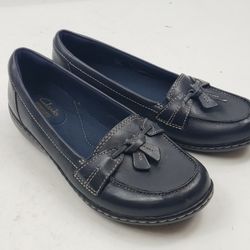 Clarks Collection Womens 6.5 W Blue Leather Tassle Ballet Flats Slip on Shoes 