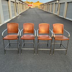 Set of 4 Tan Leather Bar Stools With Metal Arms & Frames