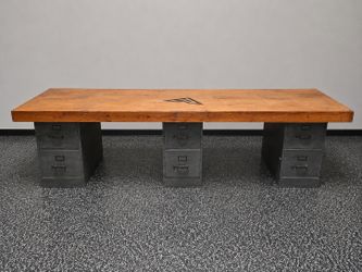 10’ Industrial Executive Desk | Solid Wood Top & 3 File Cabinets