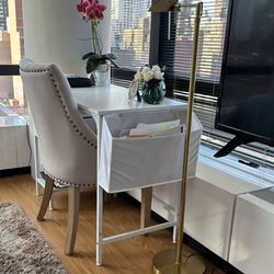 White Study Desk with Storage Pouch and chair