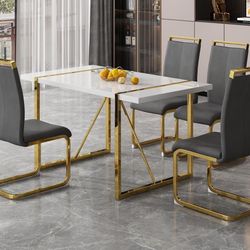 Dining Table Chairs Set of 4, 55" White Gloss Lacquered Tabletop Metal Frame,