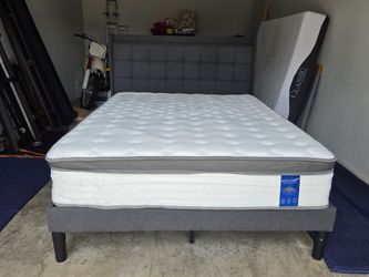Dark Gray Queen Tufted Platform Bed with Built-In Charging Station & Queen Mattress
