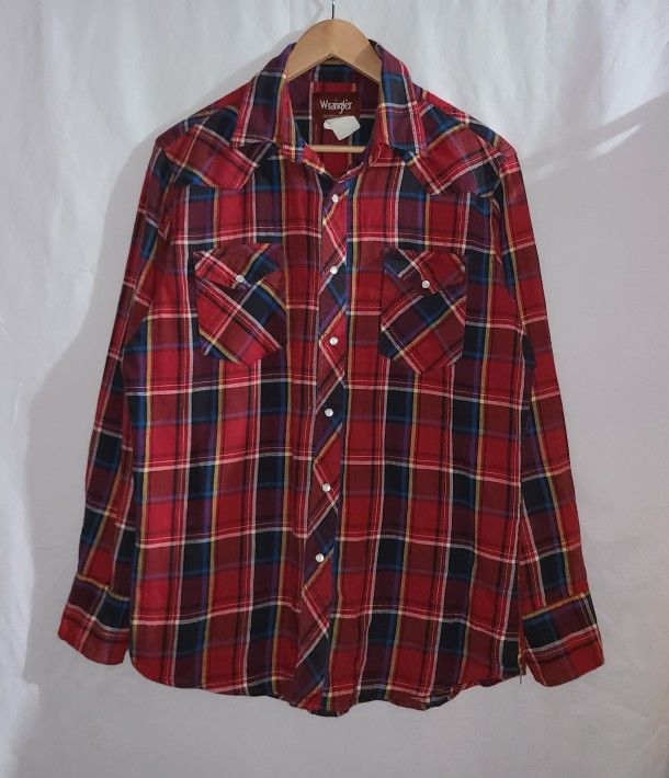 Wrangler Western Plaid Red Pearl Snap Long Sleeve Shirt Size L