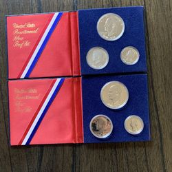 Bicentennial Coins: 2 silver Sets, 80 Unc Quarters, Etc
