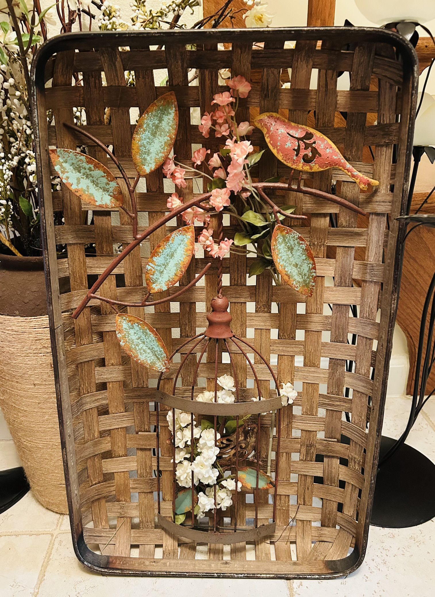 Tobacco Basket, Framed with Galvanized Metal Strip with Metal Bird, Birdcage and Flowers, Wall Art