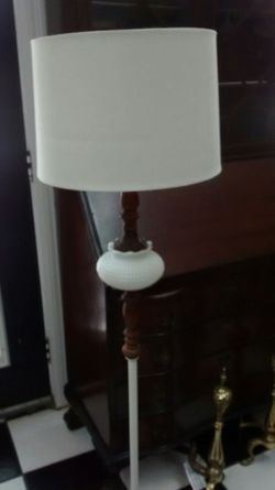 Antique milk glass wood floor lamp brass fixtures 55 height excellent condition.