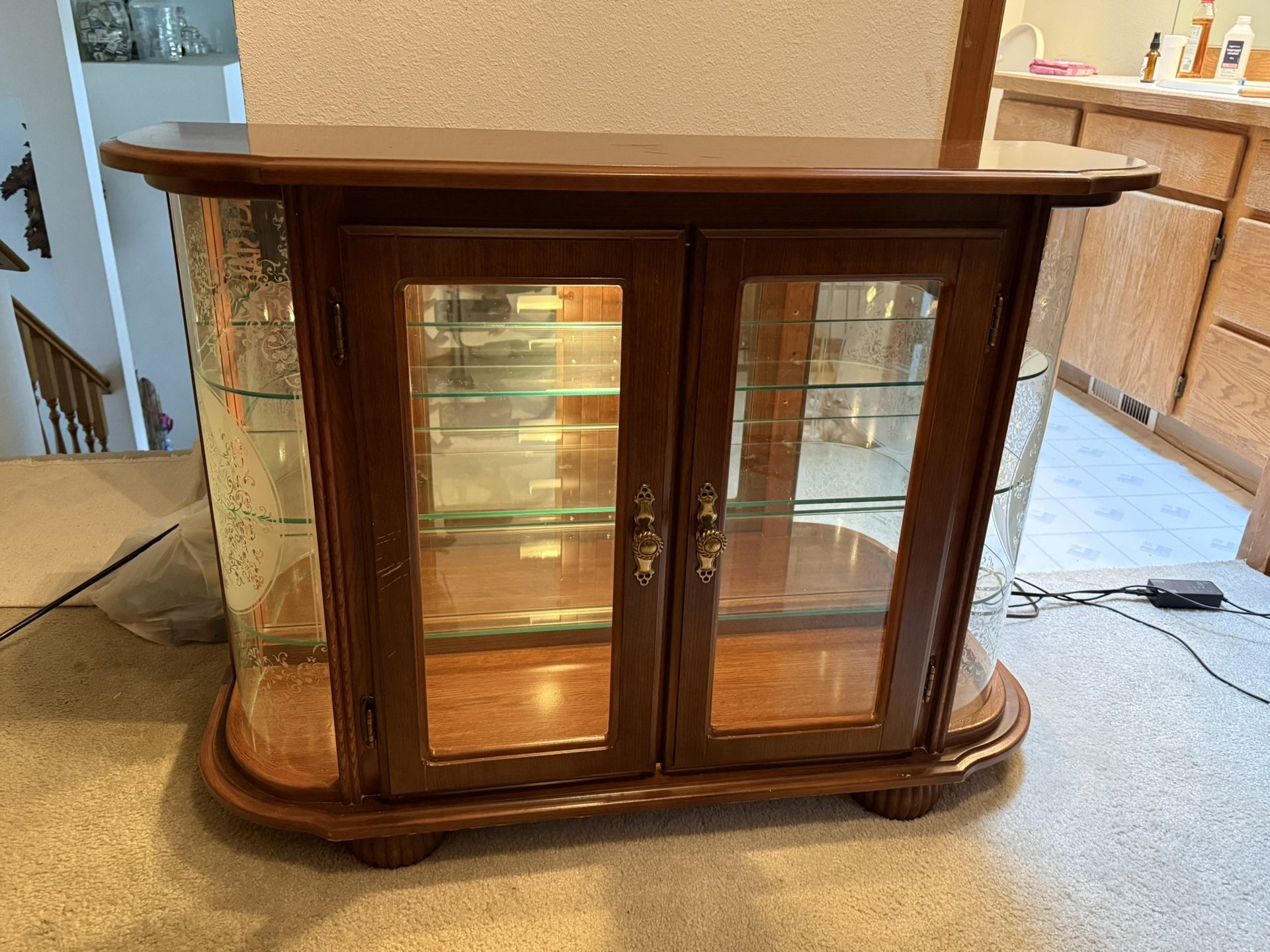 Elegant Lighted Curio Display Cabinet w/ Etched Glass Sides