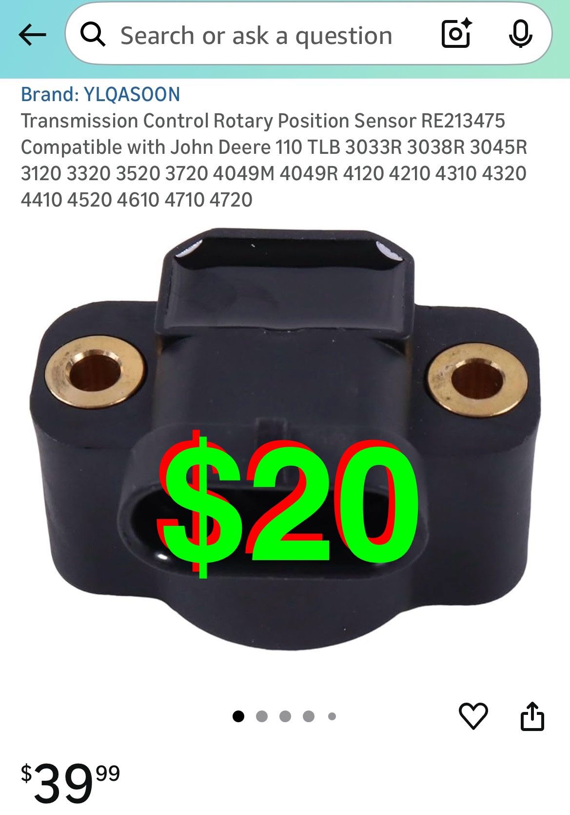 YLQASOON - Transmission Control Rotary Position Sensor RE213475 Compatible with John Deere 110 TLB 3033R 3038R 3045R 3120 3 3M 4049R 4