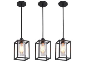 3 Pack Stem Rod Black Pendant Lights for Kitchen Island Industrial Lantern Pendant Light Fixtures with Clear Glass Shade, Farmhouse Adjustable Height