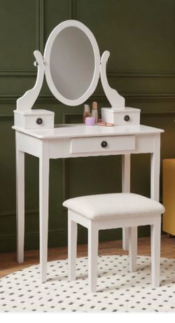 White Wood Vanity Table and Stool Set