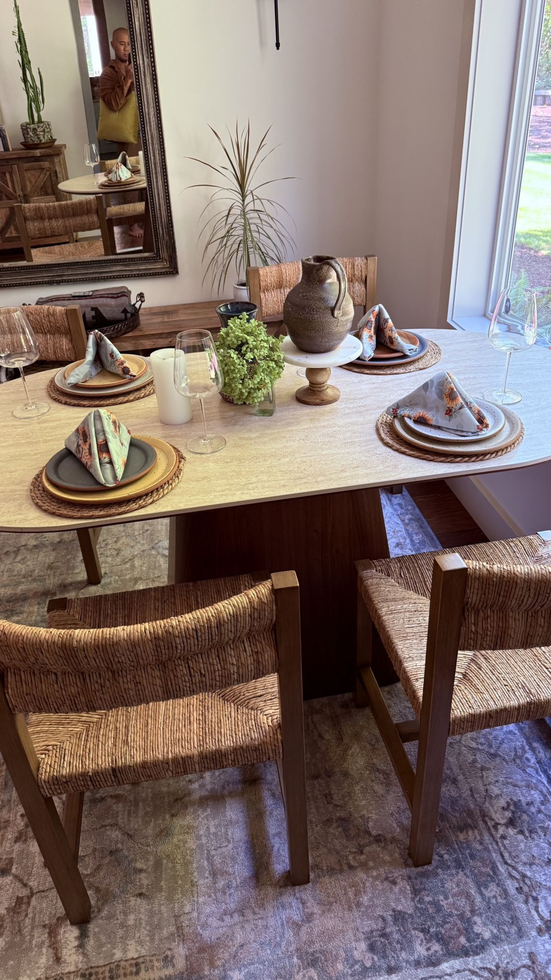 Dining Set: Earnest Marble Table And Natural Weave Chairs