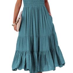AlvaQ Large Summer Dress Smocked Midi High Waist Blue Tiered A Line Pockets