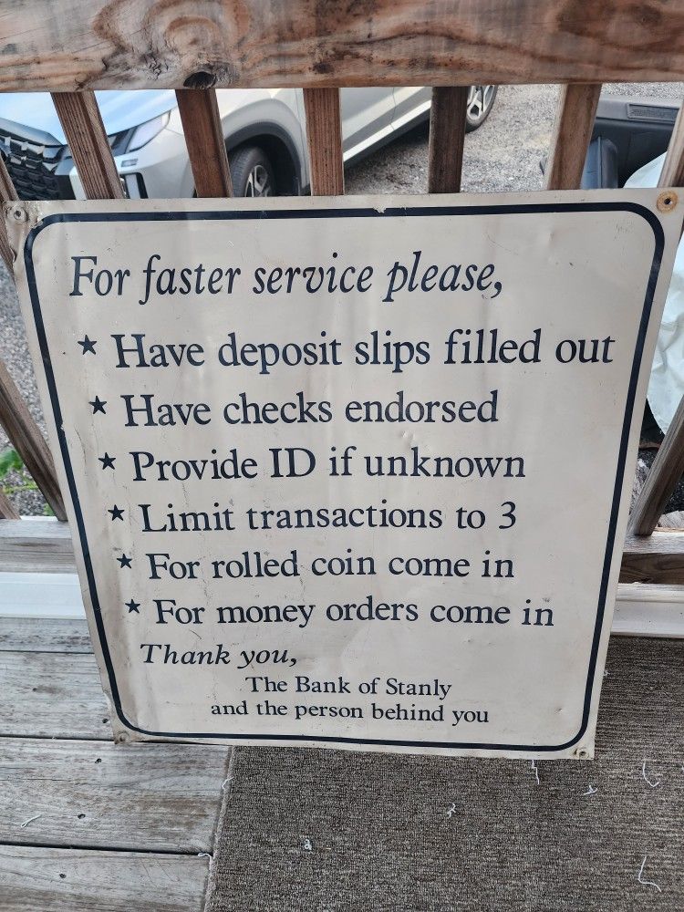 VINTAGE RARE The Bank Of Stanly North Carolina Metal Drive Through Sign 28 x 30"