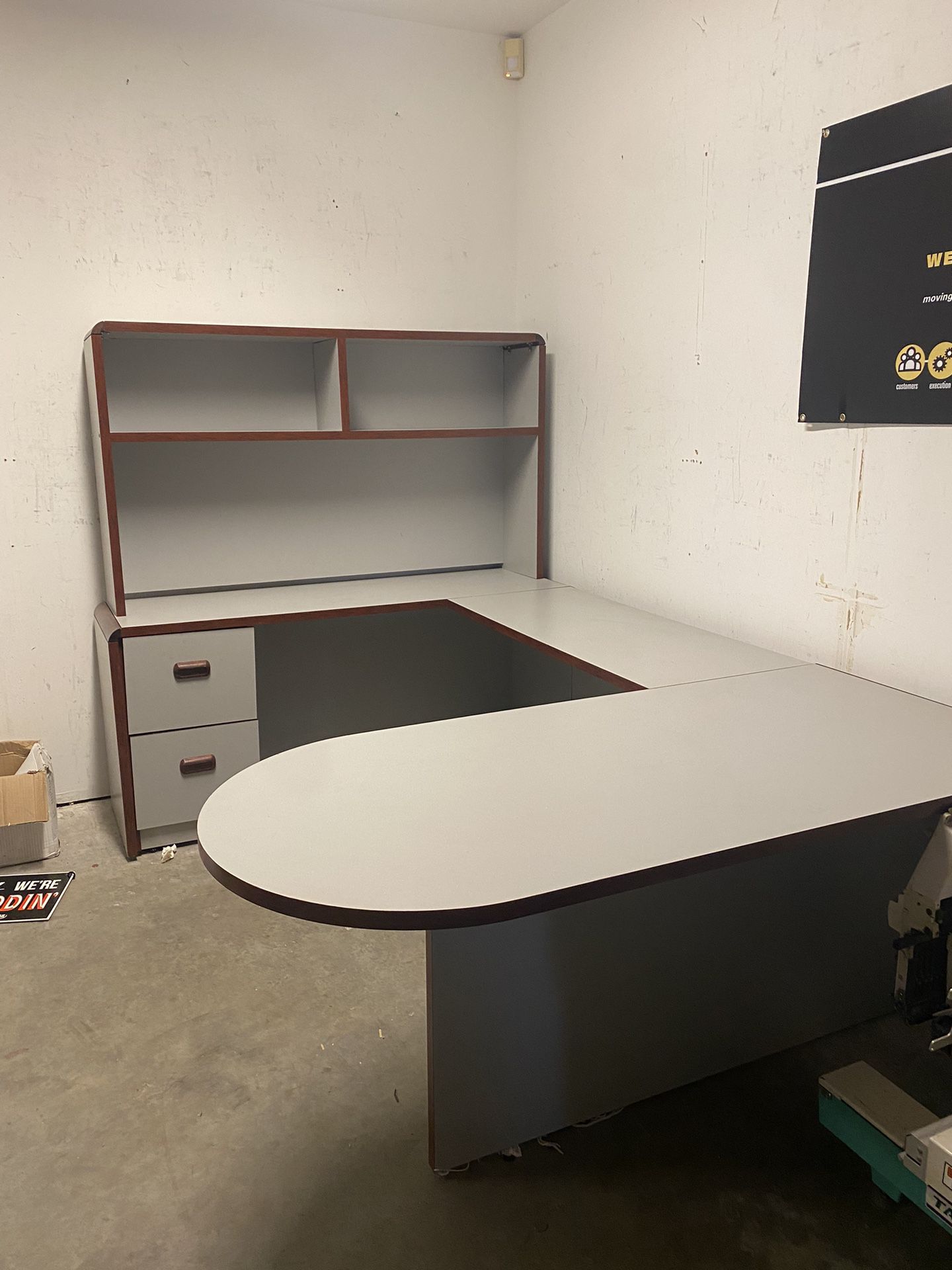 U-Shaped Peninsula Office Desk with Hutch and Lateral File Cabinet. 