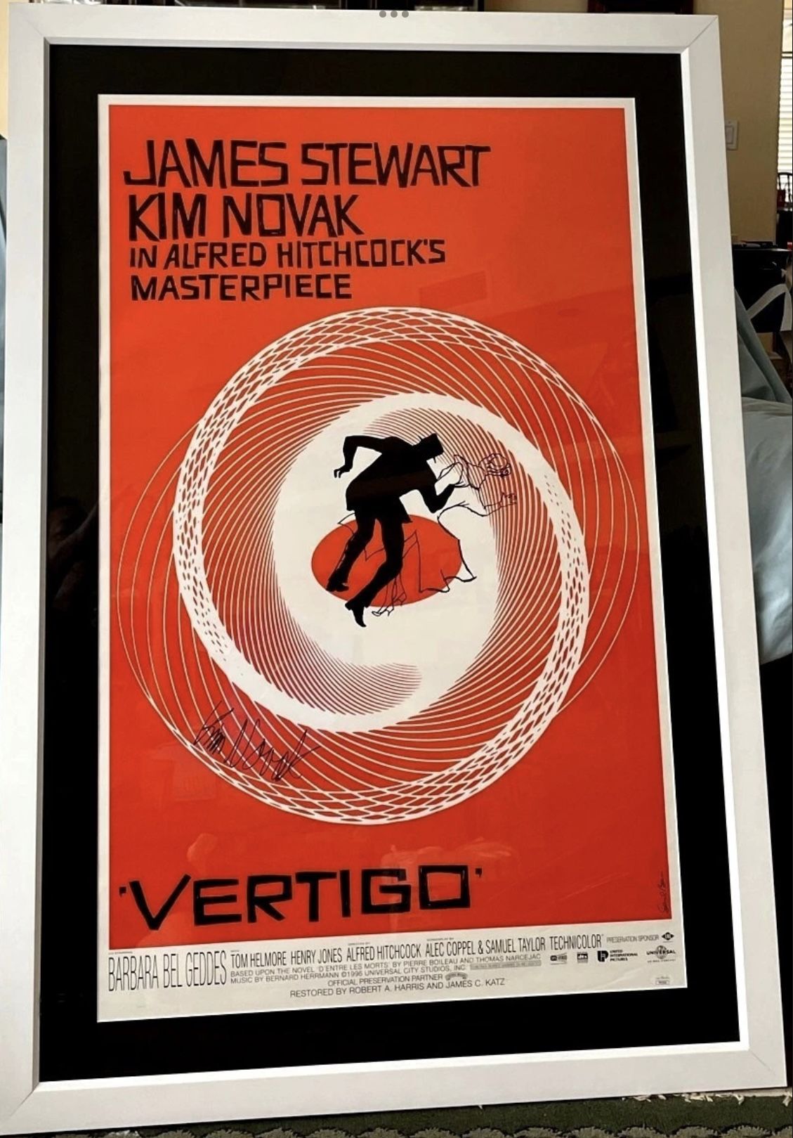 Kim Novak autographed Vertigo full size 1996 movie poster framed JSA