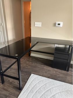 Black Glass L Desk with File Cabinet (mounts underneath)