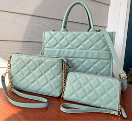 Dusty Sage Quilted Handbag, Crossbody & Wallet – 3 Piece Set