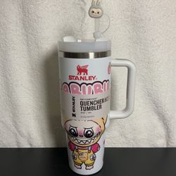 Labubu 40 Oz Stanley Quencher H2.0 Dupe Tumbler cup with straw topper - white