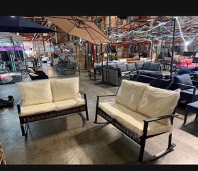 Moving sale!! New assembled set of 2 Outdoor Loveseat Rocking Bench with beige Cushions (while supplies last)