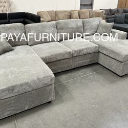 New! 120” Corduroy Sectional Couch, U-shaped Sofa, Sectional, Sofa, Couch, Gray Couch, Gray Sofa, Light Grey Sectional Plush Couch, Big Couch,New Sofa