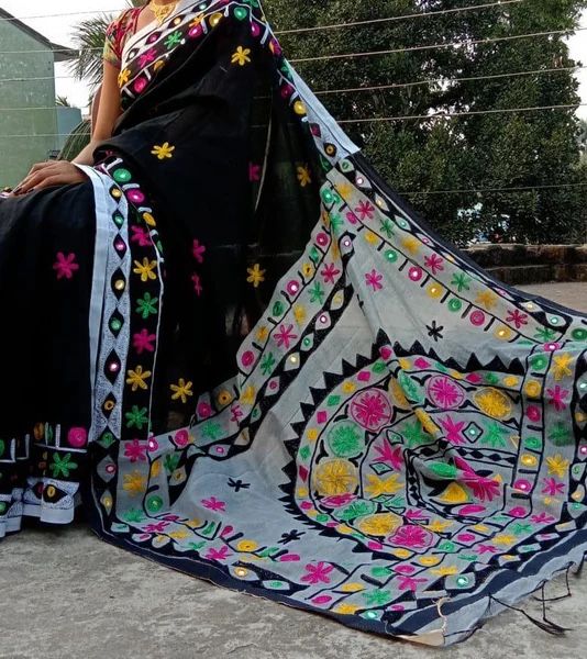 Black And Gray border cotton silk saree with embroidery work.blouse piece attached