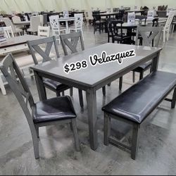 ✅️✅️6 pc laurel  gray finish wood dining table set padded seat chairs and bench✅️✅️