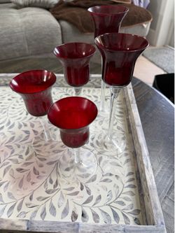 Set of 5 Tall Graduated Height Stemmed Red Glass  Votive Tea light Candle Holders