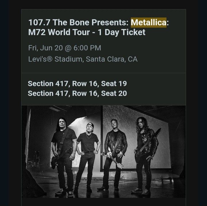 NO LONGER AVAILABLE - METALLICA TICKETS  LEVI STADIUM TONIGHT!!