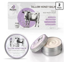 2Pcs Beef Tallow for Face Cream, Grass-Fed Tallow and Raw Honey Balm with Lavender Essential Oil, Whipped Natural Tallow Face Moisturizer Makeup Clean