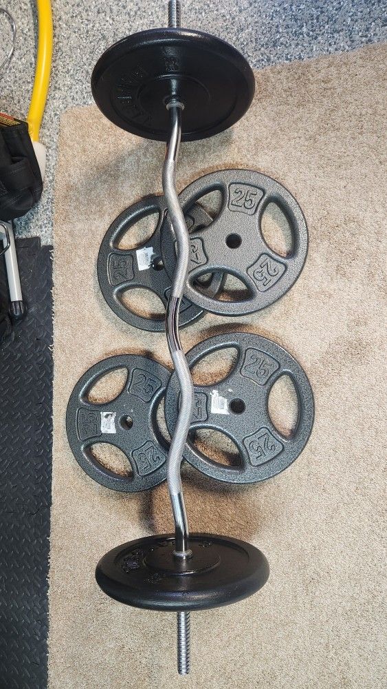 Curl Bar & 150lbs /  6 × 25lb Plates 