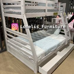 Twin/Full Brush White Bunk bed w. Drawers & Orthopedic Mattresses Included 
