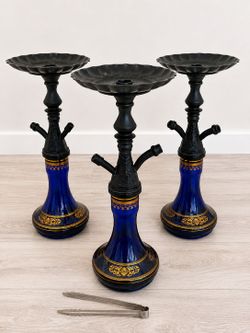 Set of 3 Decorative Hookahs – Blue & Gold – Lounge/Bar Style