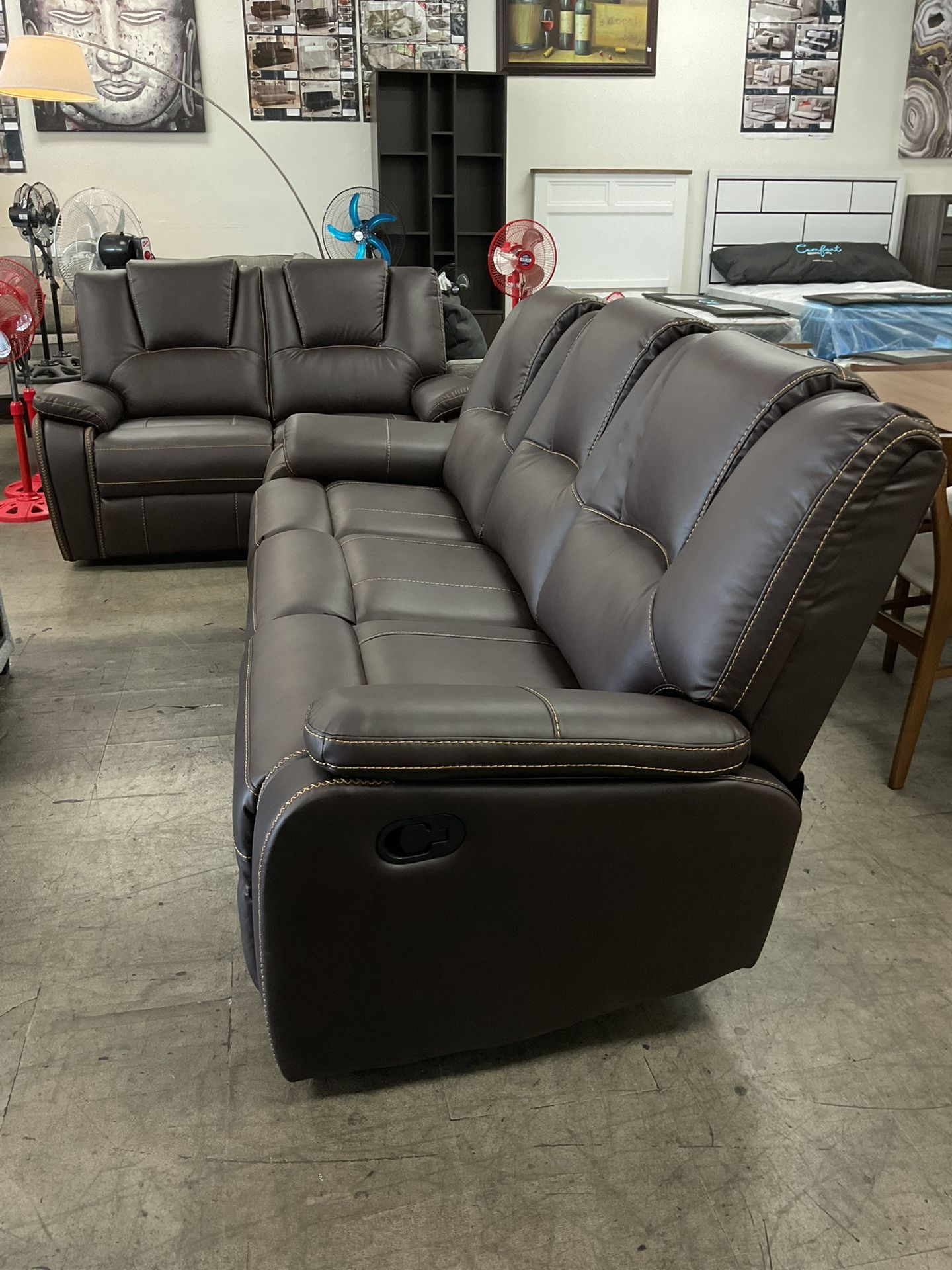 BRAND NEW 2pc Set Breathable Air Leather Manual Reclining Sofa And Loveseat Dark Brown Color
