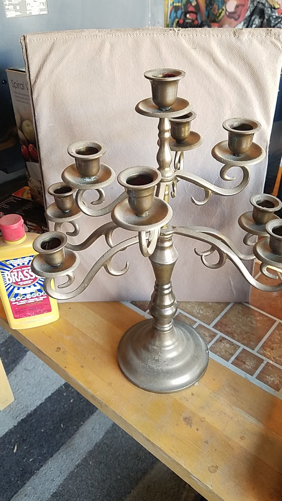 Antique 9 candle brass candelabra 15" x 12" includes free Brasso cleaner!