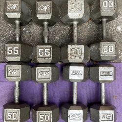 SET OF HEX STEEL DUMBBELLS  (PAIRS OF) :  45s  50s  55s  60s 