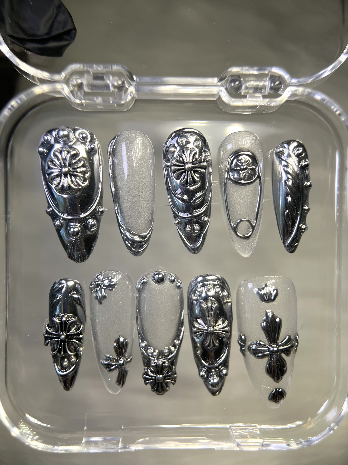 Chrome Gothic Press-On Nails – 3D Silver Armor Nail Art Set