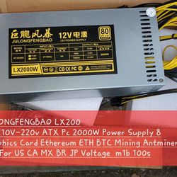 JULONGFENGBAO LX200
AC 110V-220v ATX Pc 2000W Power Supply 8 Graphics Card Ethereum ETH BTC Mining Antminer Psu For US CA MX BR JP Voltage  m1b 100s
