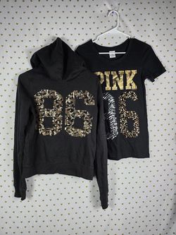 Victorias Secret Pink ANIMAL PRINT ZEBRA LEOPARD BLING SET Hoodie Tee Shirt Gold