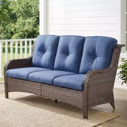 Carolina Brown Wicker Outdoor Patio Sofa Couch with Blue Cushions