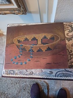 Vintage unframed native american basket and bead necklace oil on canvas painting signed Anderson Six