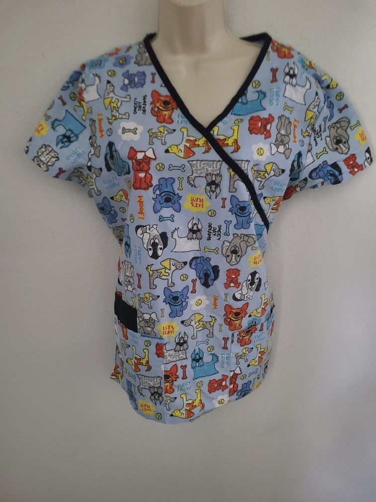 Scrubs Dog Print Top Medical Or Veterinary Pockets Tie Back Sz M