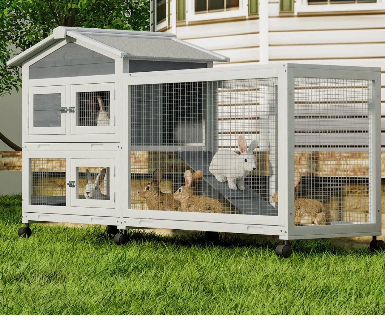 Magshion 63.5" Rabbit Hutch with Wheel, Safe & Cozy Wooden Chicken Coop for Small Animal with 3 Slide-Out Trays, Gray