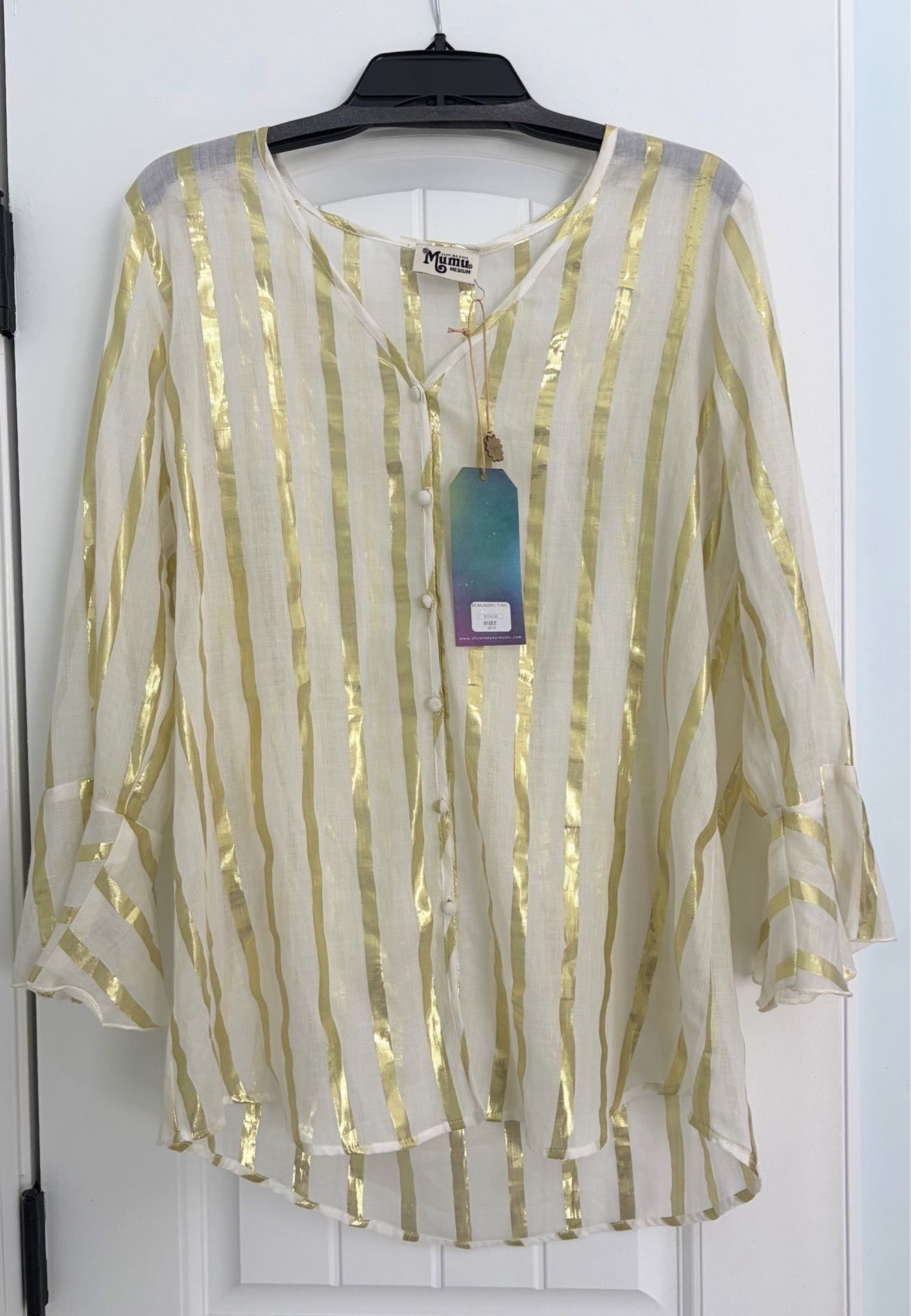 Show Me Your Mumu Mercer Tunic Women’s M NWT Sheer w Gold Stripes Bell Flare Sl