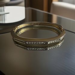 Vintage Swarovski Gold Plated Oval Hinged Bangle Bracelet With Clear Rhinestones