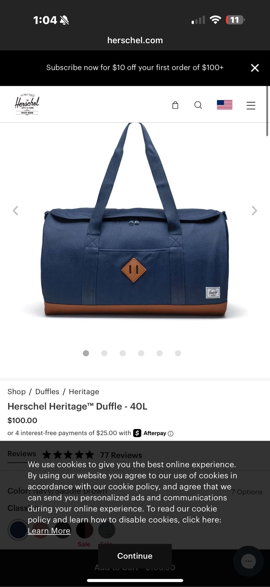 Hershel Heritage Duffle Bag- 40L New!