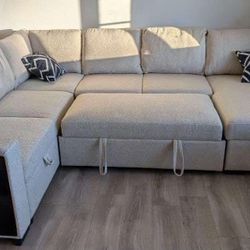New Sectional W Pullout Bed / Storage Chaise.  Off White / Beige.  Free Delivery!