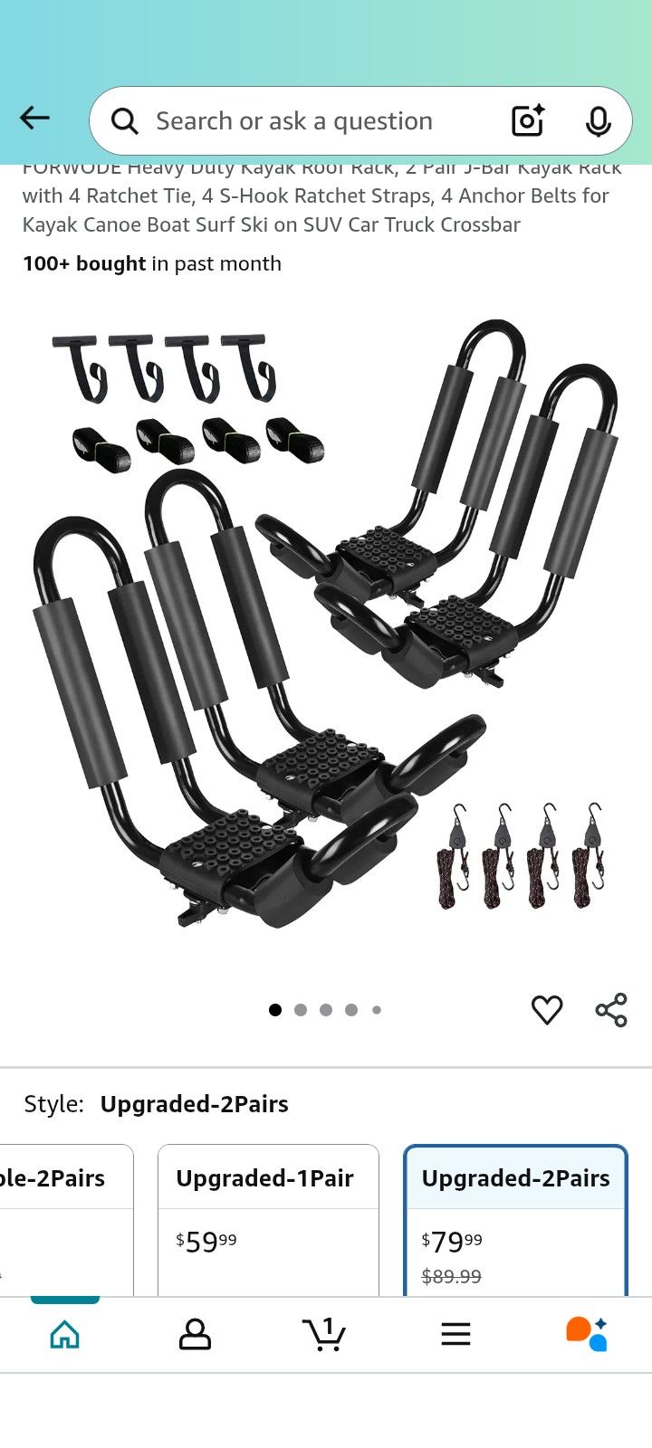 1339 FORWODE Heavy Duty Kayak Roof Rack, 2 Pair J-Bar Kayak Rack with 4 Ratchet Tie, 4 S-Hook Ratchet Straps, 4 Anchor Belts for Kayak Canoe Boat Surf