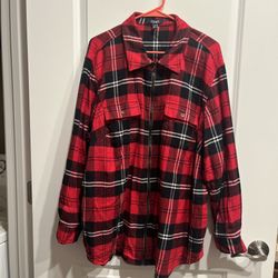 Chaps Womens 2XL Top Shirt Collar Zipper Red Plaid Woven Cotton Pockets. 