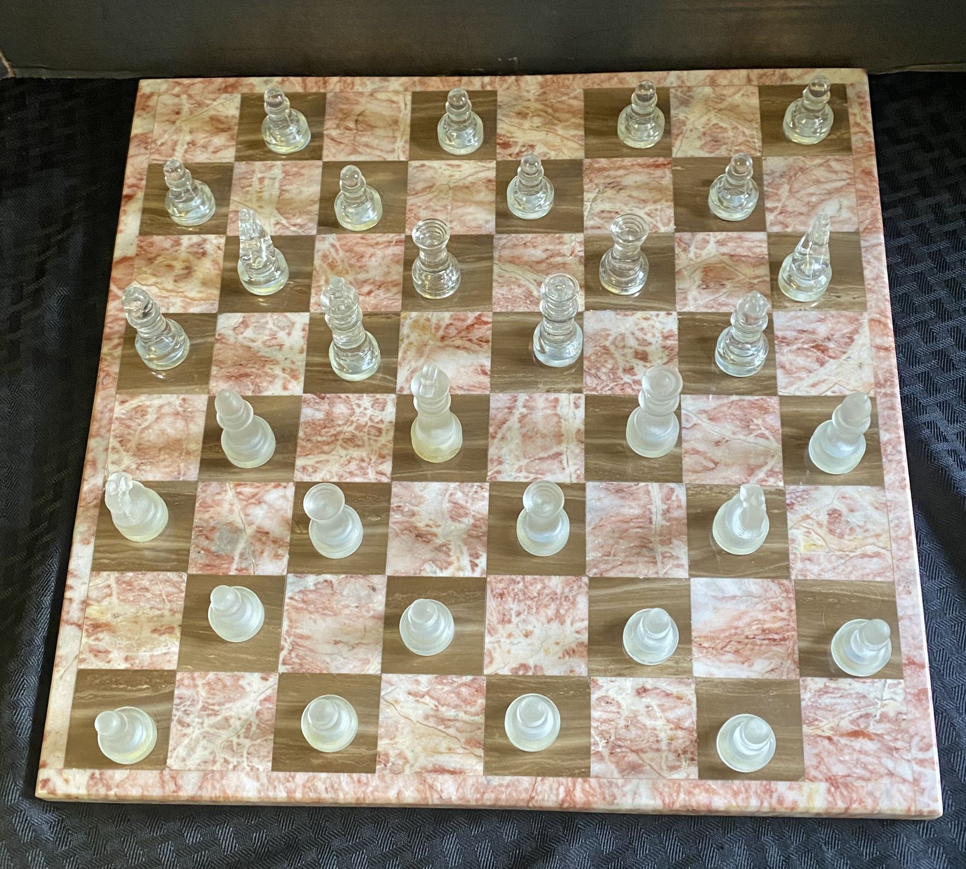 Marble And Onyx Chess Set 14” X 14” With Frosted & Clear Glass Chess Pieces