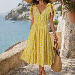 NWT PINK CITY PRINTS V Neck Midi Jasmine Dress in Yellow Lemon Tulip XS S M